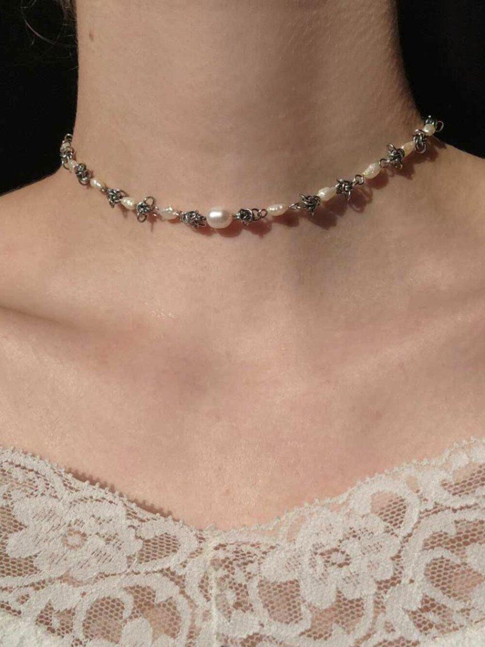 Vintage white pearl choker necklace with a small silver chain